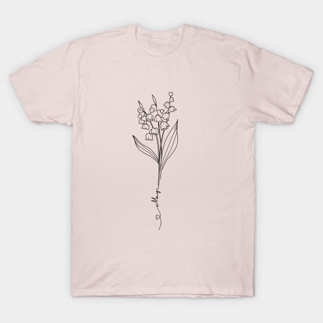 Minimalist Botanical Drawing Lily Of The Valley May Birth Flower T-Shirt by Tina